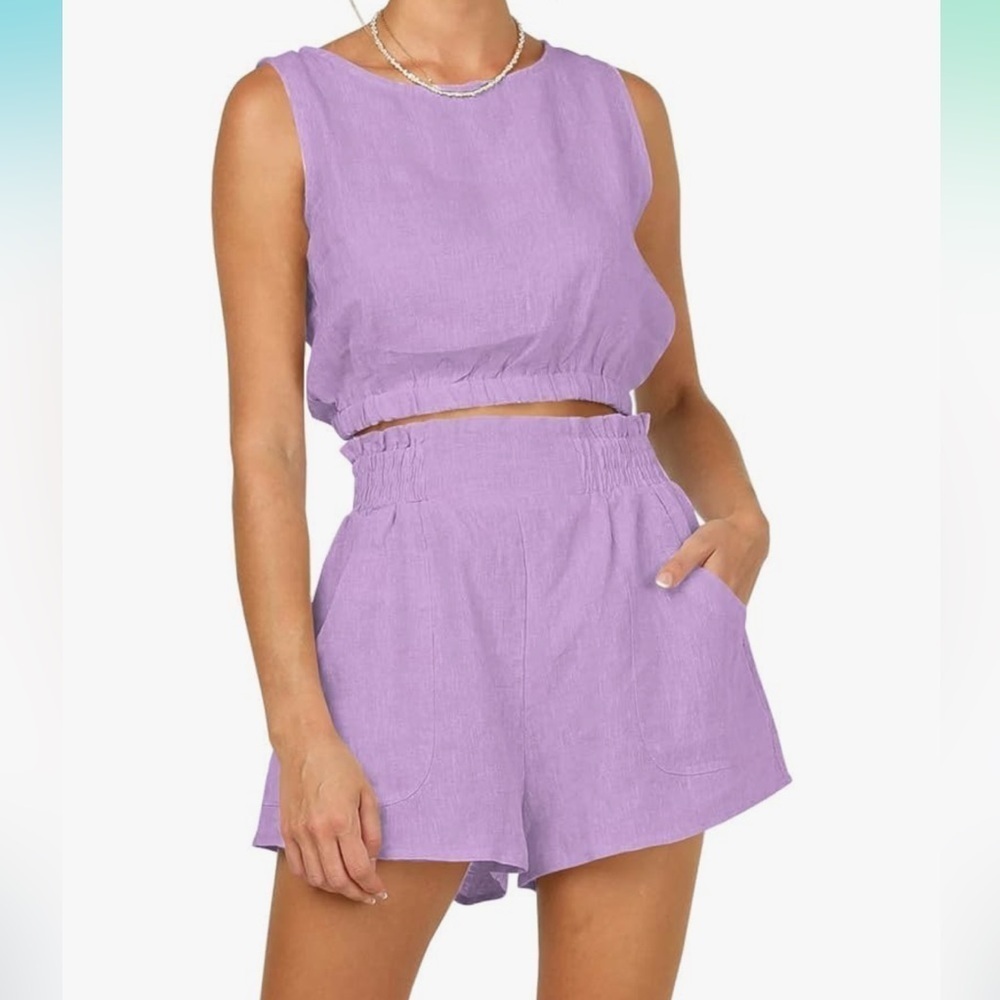 Automet womens Sleeveless Round Neck Crop Tank Top and High Waisted Short NWT